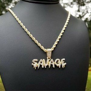 Hip Hop Iced Out Savage Pendant, Chain Set